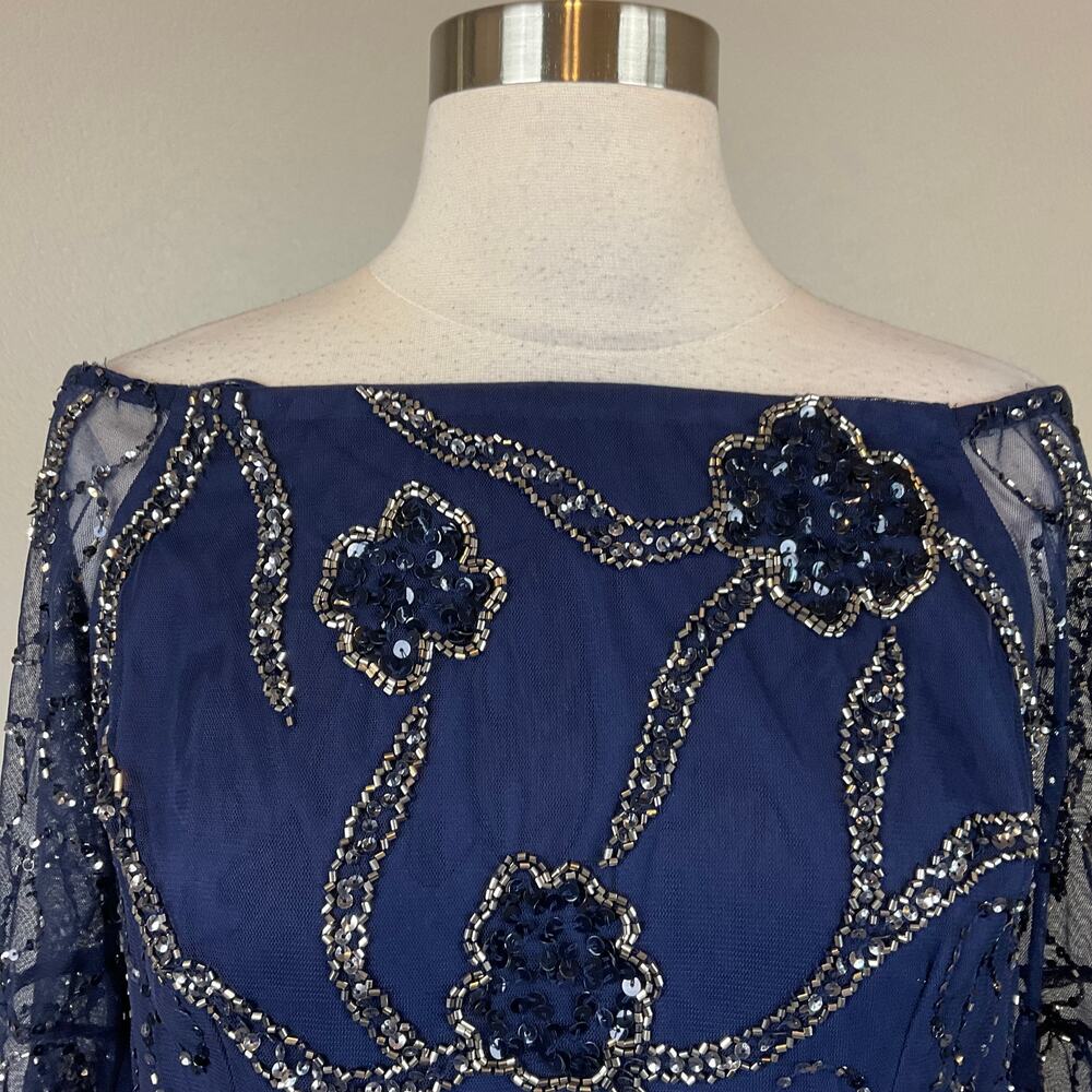 Adrianna Papell Blue Blouse Beaded Off the Shoulder Chiffon Long Sleeve Size 8 - Picture 6 of 10